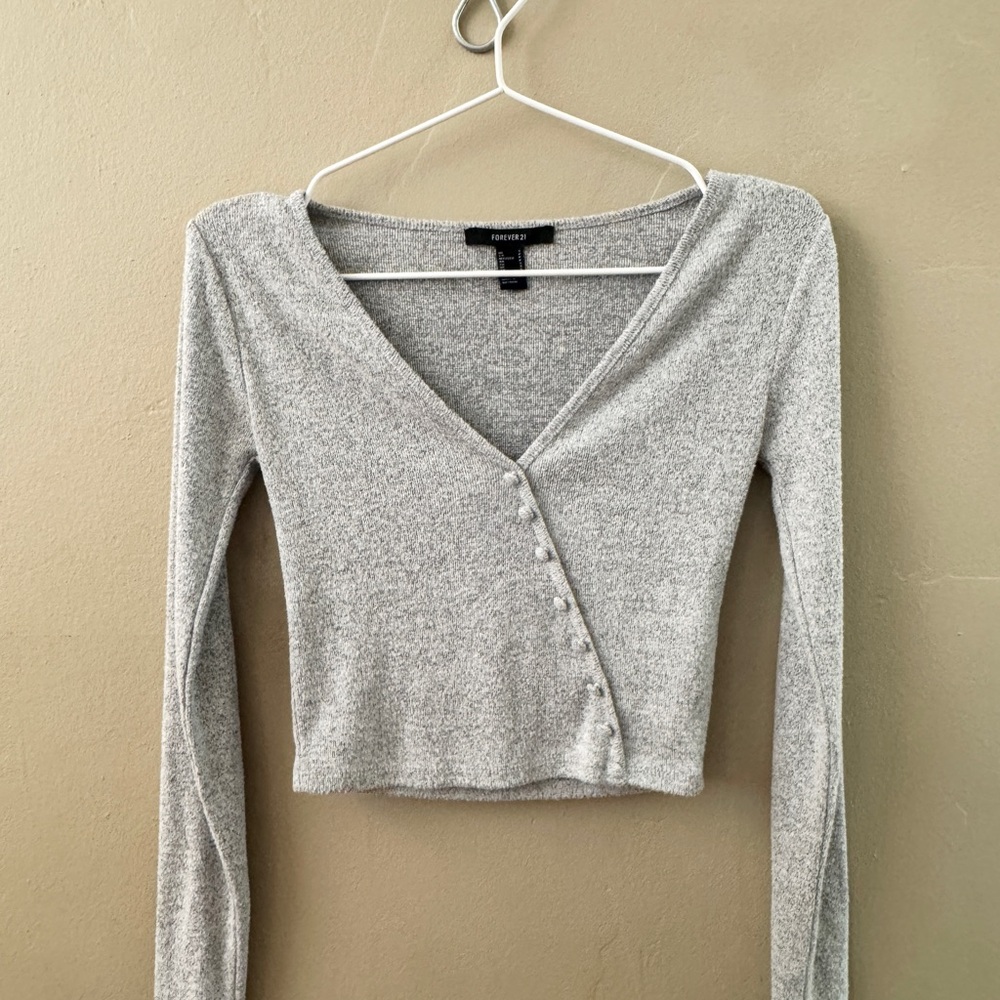 Forever 21 Gray Long Sleeve Wrap Blouse